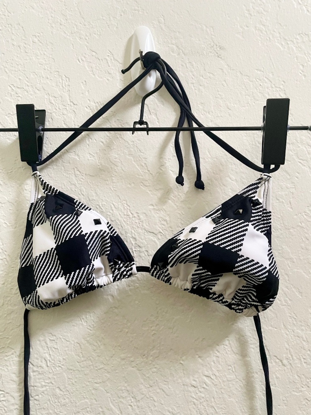 O'Neill - Bikini Triangle String Top - Black and White Plaid - Size Medium